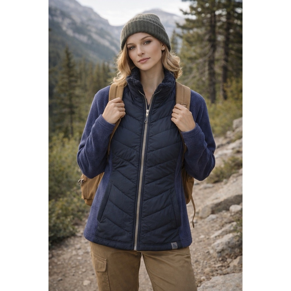 LL Bean Women's M Blue Quilted Puffer Coat Sweater Sides Full Zip Granola Hiking